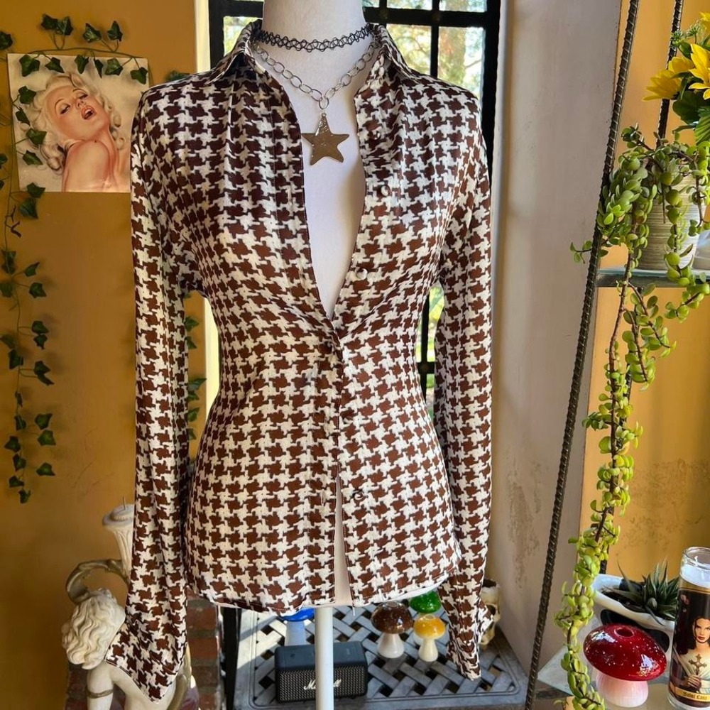 houndstooth blouse brown y2k long sleeve